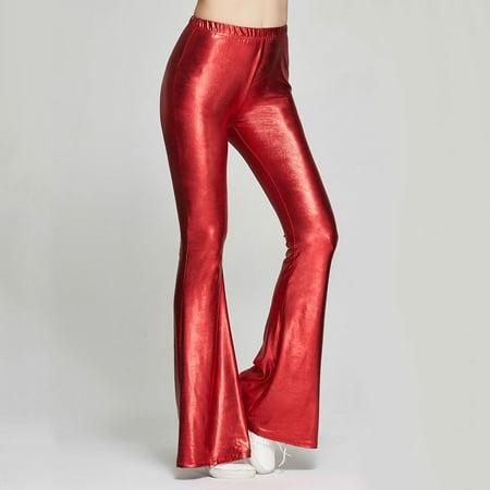 Women Smooth Solid Color High Waist Faux Leather Slim Bell-bottom Trousers Pants